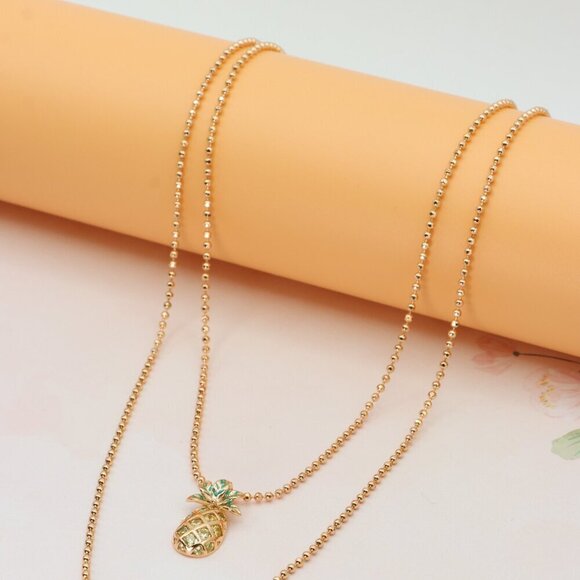 Rose Gold Pineapple Pendant Necklace with Double Bead Chain Design, XPNL0261 - Picture 6 of 13